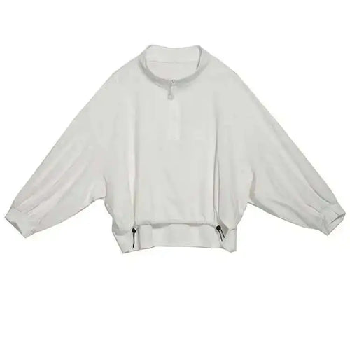 Load image into Gallery viewer, Women White Drawstring Zipper Big Size Casual T-shirt New Stand Collar Long Sleeve Fashion Tide Spring Autumn 2025 1DF6510
