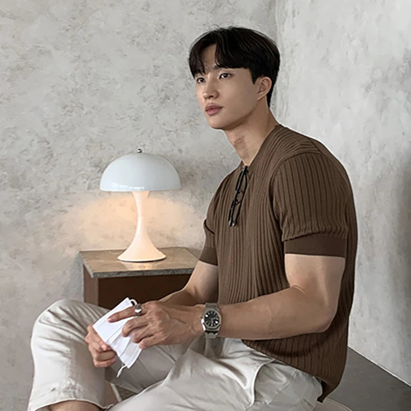 Men's T-shirts New Summer Short Sleeved Knitted Trendy Korean Style Round Neck Solid Color Pullover Male Clothing 9W1822