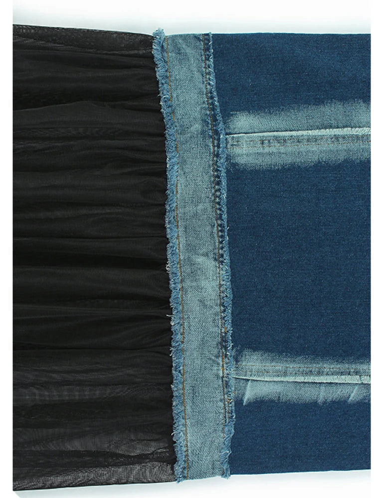 Women Black Denim Burr Mesh Spliced Big Size Vest Dress New Lapel Sleeveless Fashion Tide Spring Autumn 2025   1DJ1352