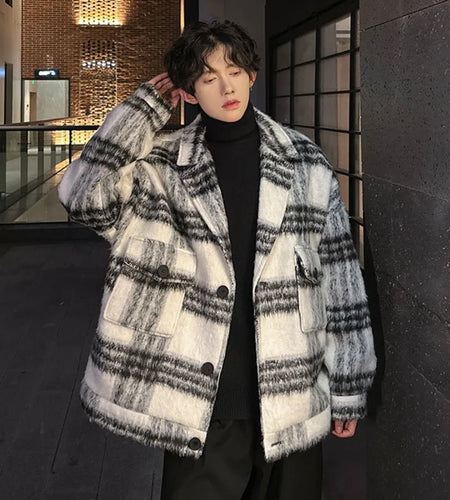 Plaid Woolen Jacket Men's Wear Trendy Contrast Color Single-breasted Lapel Casual Coat Male 2024 Winter New Trend 9C9035