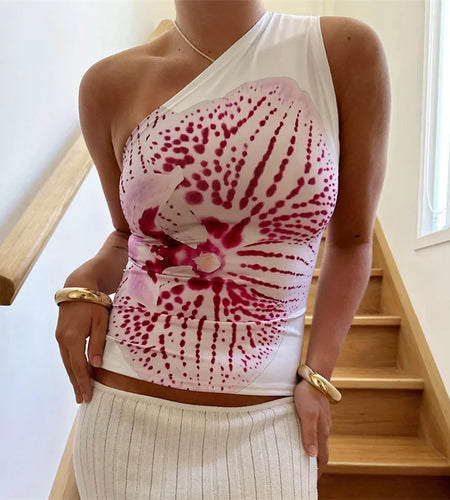One Shoulder Tank Top for Women Floral Print Sleeveless Backless Vest Cropped T Shirt y2k Aesthetic Clothing Streetwear
