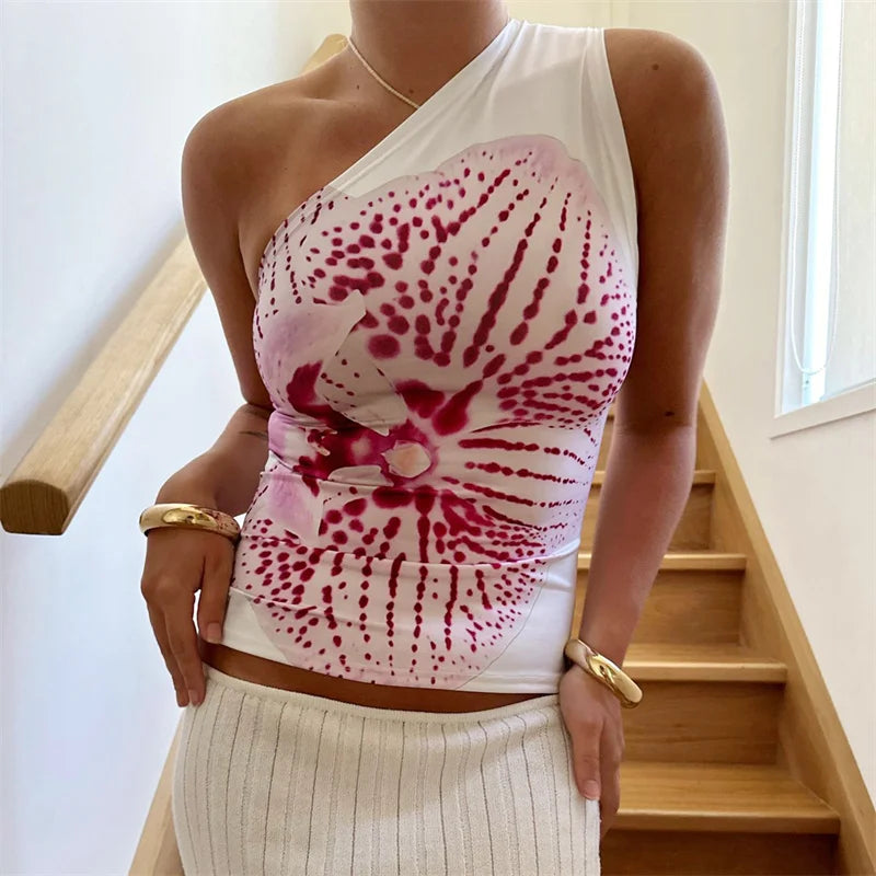 One Shoulder Tank Top for Women Floral Print Sleeveless Backless Vest Cropped T Shirt y2k Aesthetic Clothing Streetwear