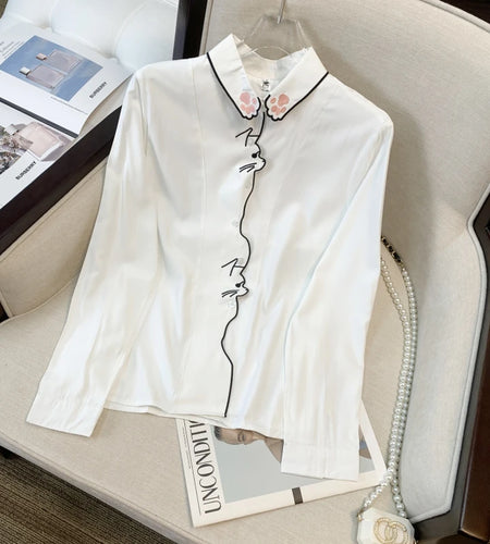 Spring French Retro Women White Girls Cute Cat Embroidery Single Breasted Blouses Casual Lapel Long Sleeved Festival Shirt Trend