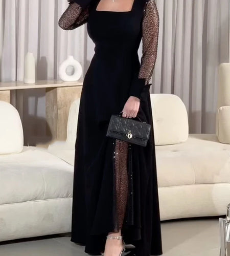 Evening Prom Maxi Dresses for Women Summer Fall Square-neck See-through Long Sleeve Banquet Cocktail Party Dresses 2025