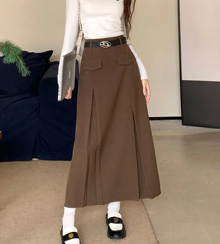 Korean Vintage Brown High Waist Slim Suit Pleated Skirts Women 2023 Spring Autumn Black With Belt A Line Party Long Skirt Casual