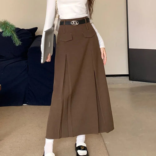 Load image into Gallery viewer, Korean Vintage Brown High Waist Slim Suit Pleated Skirts Women 2023 Spring Autumn Black With Belt A Line Party Long Skirt Casual
