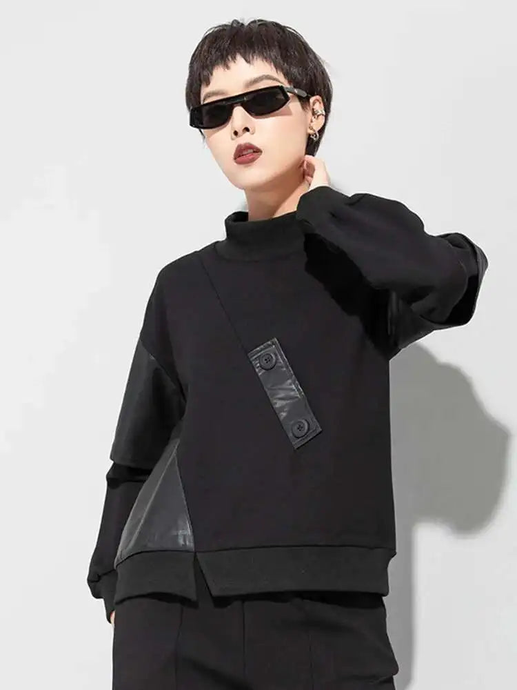 Women Black Pu Leather Irregular Big Size Casual T-shirt New Round Neck Long Sleeve Fashion Spring Autumn 2025 1DF4655