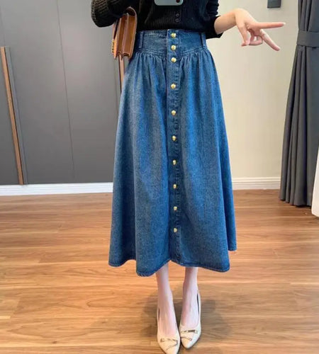 Summer Elegant Women's A-line Skirts Streetwear Korean Style High Waist  Midi Classic Vintage Jeans Skirt Women Slim Casual