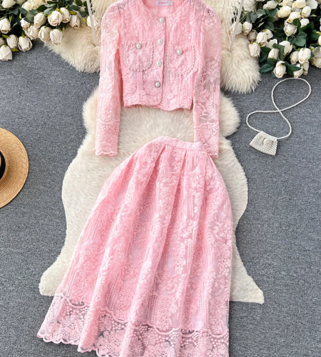 Vintage Elegant Two Piece Set Women Solid Lace Round Neck Long Sleeve Button Short Tops And High Waist Pleated Midi Skirt Autumn