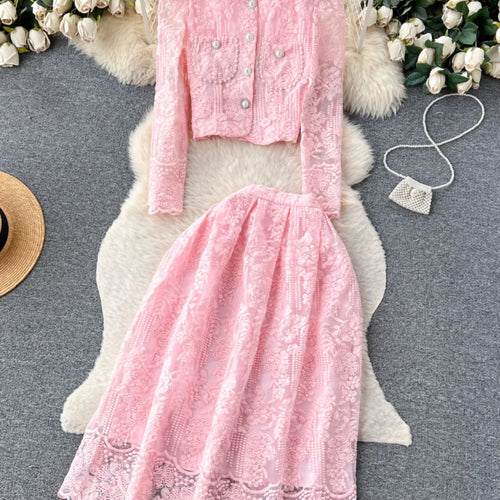 Load image into Gallery viewer, Vintage Elegant Two Piece Set Women Solid Lace Round Neck Long Sleeve Button Short Tops And High Waist Pleated Midi Skirt Autumn
