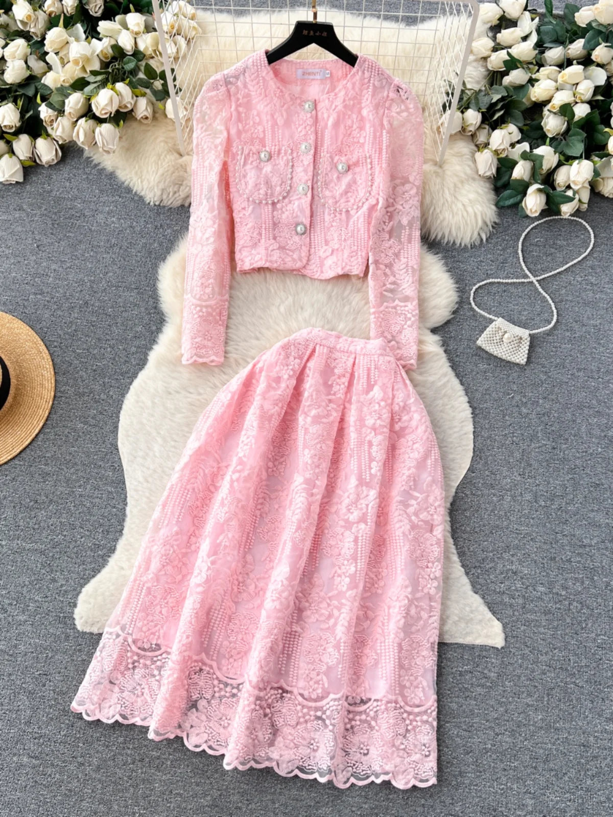 Vintage Elegant Two Piece Set Women Solid Lace Round Neck Long Sleeve Button Short Tops And High Waist Pleated Midi Skirt Autumn