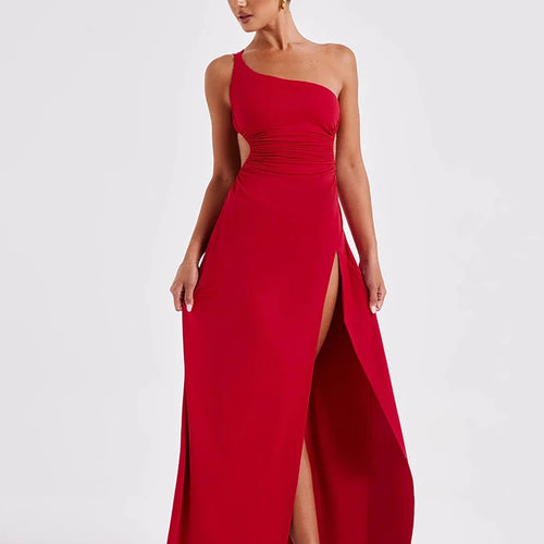 Load image into Gallery viewer, One Shoulder Diagonal Collar Backless Sexy Maxi Dress For Women Robe Fashion Off-shoulder Sleeveless High Split Dress
