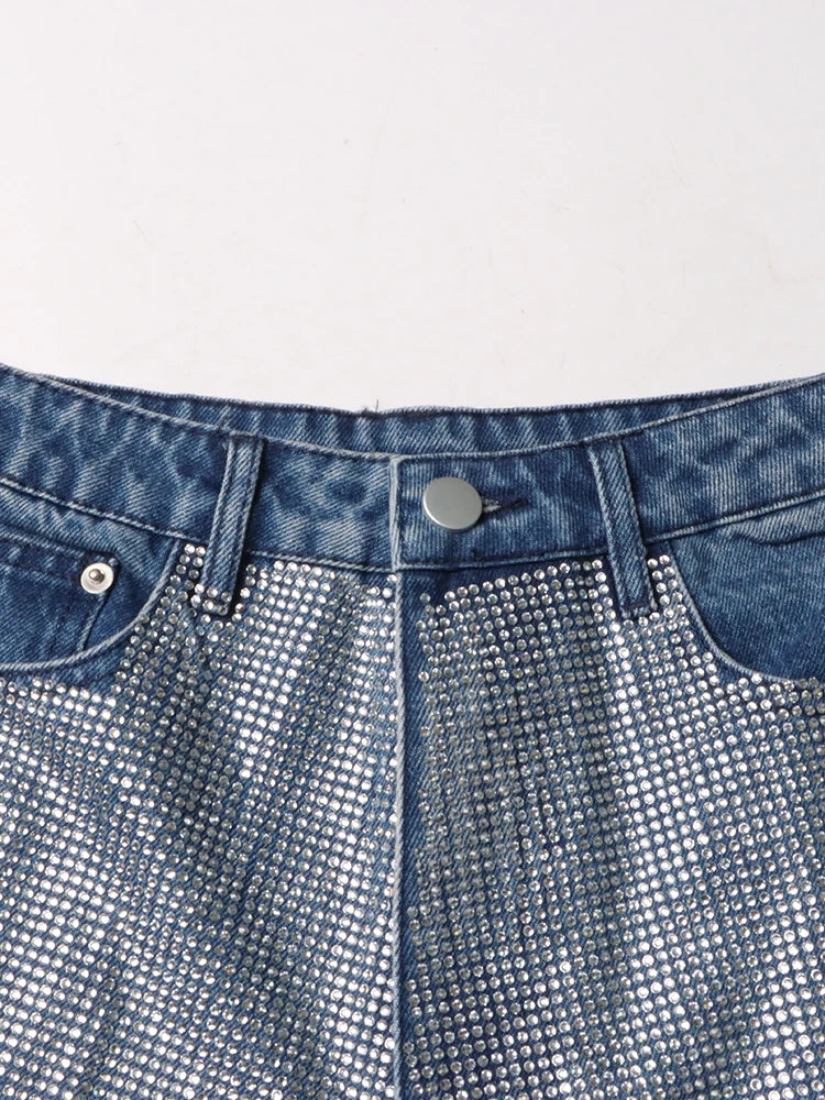 Patchwork Diamonds Loose Denim Pants For Women High Waist Spliced Button Casual Wide Leg Jeans Female Fashion New