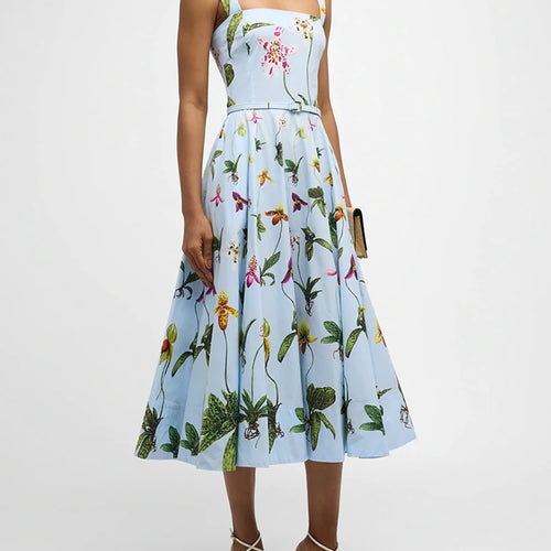 Load image into Gallery viewer, Floral Printing Spliced Belt Dresses For Women Square Collar Sleeveless High Waist Elegant A Line Long Dress Female Style
