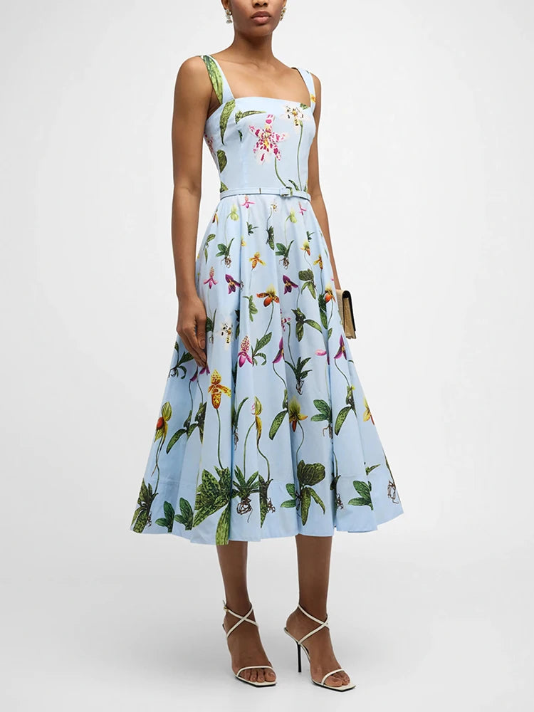 Floral Printing Spliced Belt Dresses For Women Square Collar Sleeveless High Waist Elegant A Line Long Dress Female Style