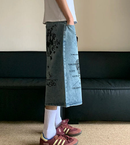 American Style Streetwear Denim Men's Shorts Loose Calf-Length Jeans Vintage Fashion Trend Male Summer 24E1081