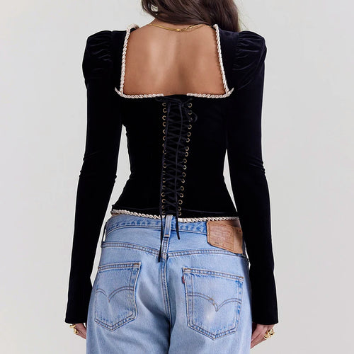 Load image into Gallery viewer, Square Collar Backless Bandage Sexy T-shirt Women Autumn Winter New Black Shoulder Pad Sleeve Skinny Sexy Party Tops
