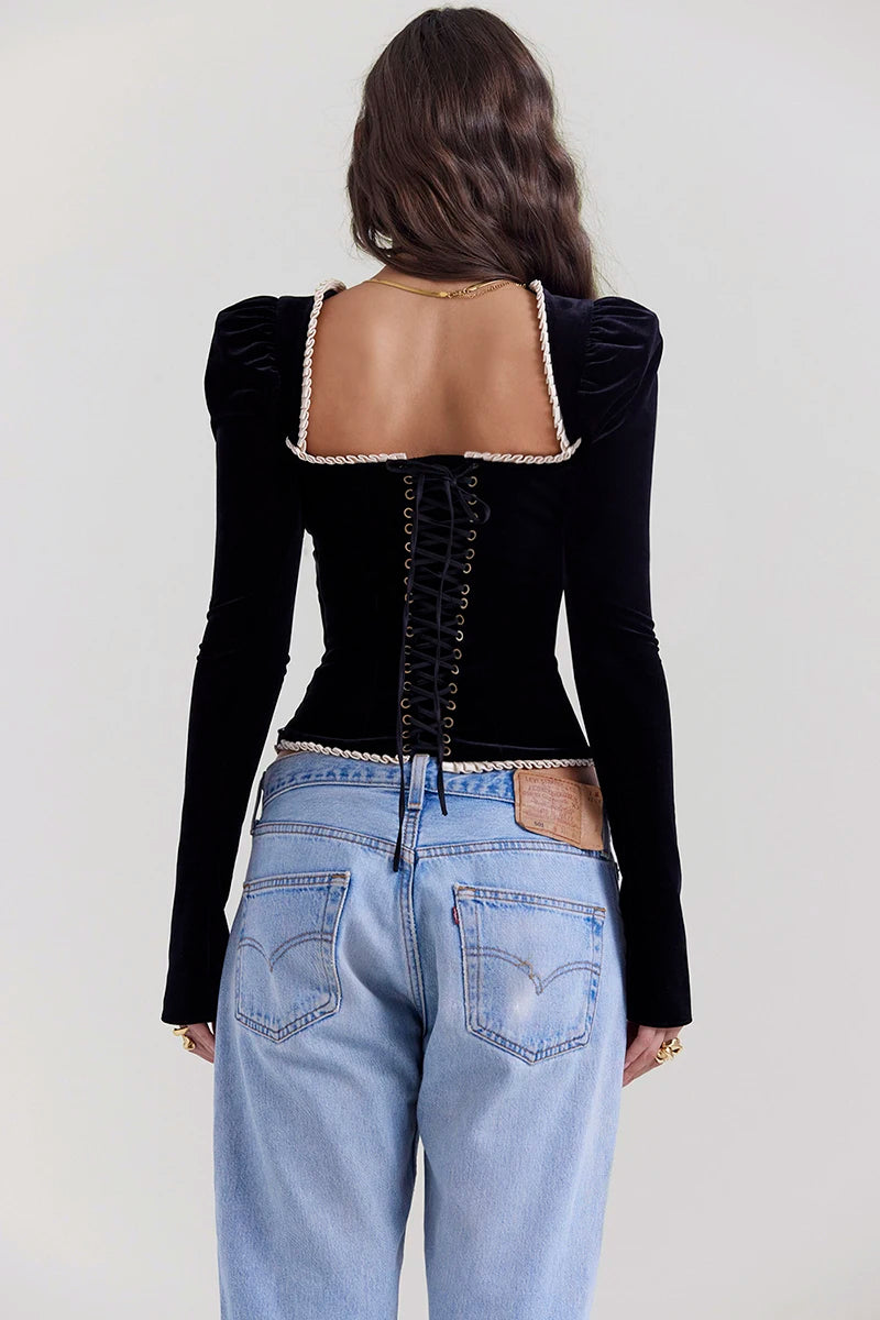 Square Collar Backless Bandage Sexy T-shirt Women Autumn Winter New Black Shoulder Pad Sleeve Skinny Sexy Party Tops