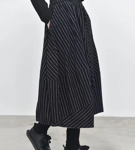 High Elastic Waist Black Striped Pocket Casual A-line Half-body Skirt Women Fashion Tide New Spring Autumn 2025 1DJ1205