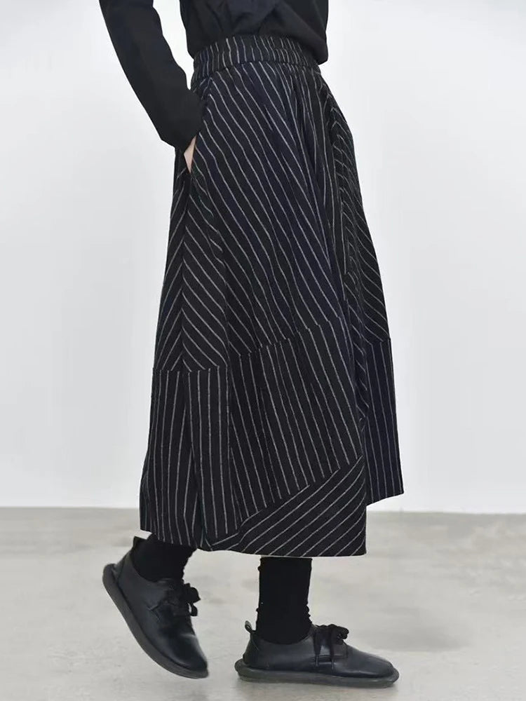 High Elastic Waist Black Striped Pocket Casual A-line Half-body Skirt Women Fashion Tide New Spring Autumn 2025 1DJ1205