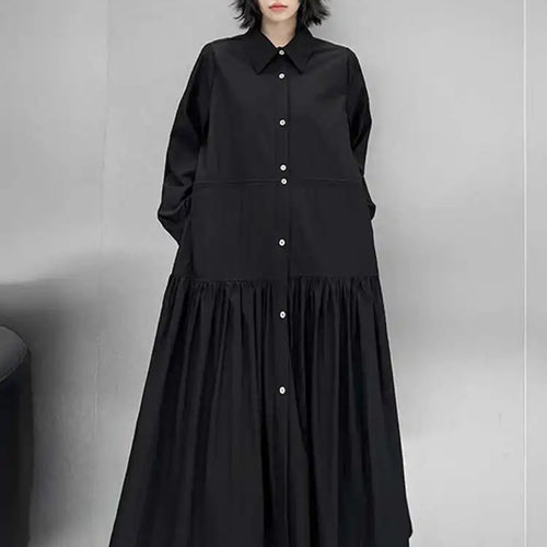 Load image into Gallery viewer, Women Black Big Size Elegant Shirt Dress Brief Pleated Hem New Lapel Long Sleeve Fashion Tide Spring Autumn 2025 1DH9327
