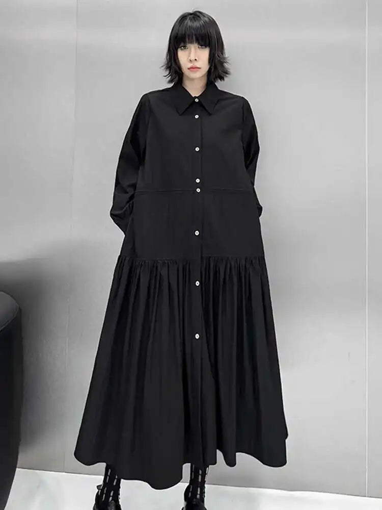 Women Black Big Size Elegant Shirt Dress Brief Pleated Hem New Lapel Long Sleeve Fashion Tide Spring Autumn 2025 1DH9327