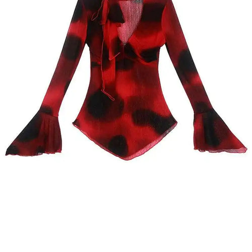 Load image into Gallery viewer, Women Geen Mesh Printed Slim Irregular Slim T-shirt New V-Neck Long Flare Sleeve Fashion Tide Spring Autumn 2025 1DH9372
