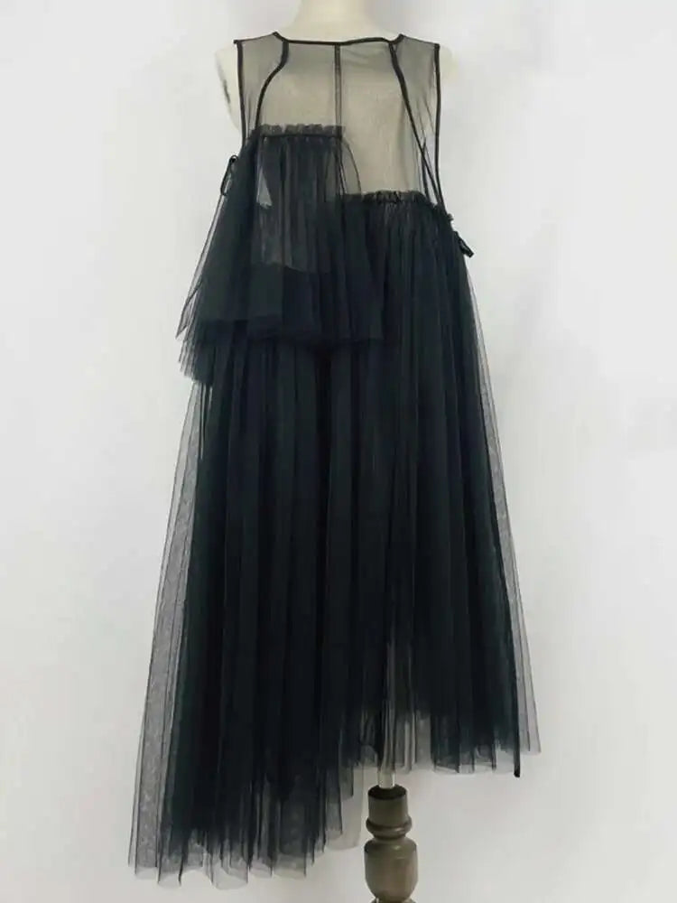 Women Green Mesh Irregular Elegant Dress New Round Neck Sleeveless Loose Fit Fashion Tide Spring Summer 2025 1DF9867