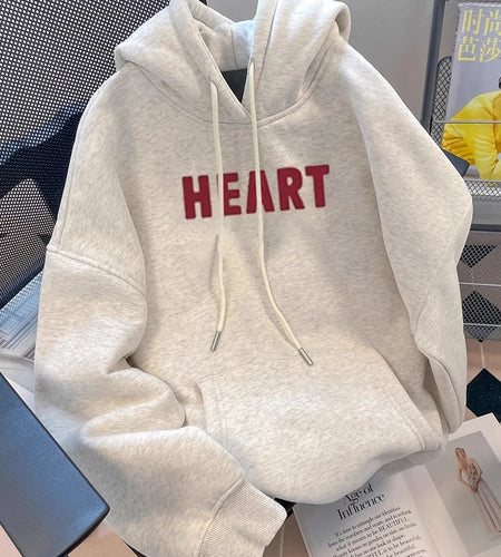 Women Casual Gray Letter Loose Hoodies Long Sleeve Sweatshirt Spring Autumn Elegant Pocket Pullover Tops 2024 Streetwear Popular