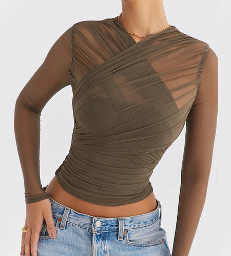Sheer Mesh Long Sleeve Sexy T-shirt Women 2023 Autumn New V Neck Zipper Layered Skinny Club Party Sexy Tops