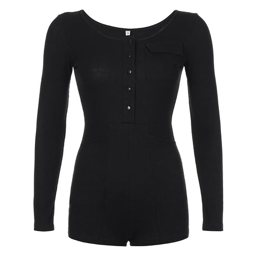Load image into Gallery viewer, V Neck Black Buttons Bodycon Summer Playsuit Women Casual Long Sleeve Autumn Bodysuit Korean Rompers Sporty Clothing
