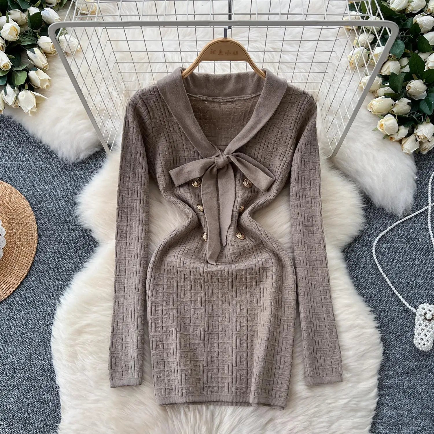 French Fashion Women Solid Elegant Button Bandage V Neck Short Dress Autumn Long Sleeves Knitted Sweater Mini Dress Trend Simple