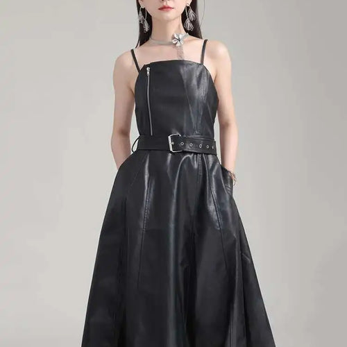 Load image into Gallery viewer, Women Black Pu Leather Belted Long A-line Dress New V-Neck Sleeveless Loose Fit Fashion Tide Spring Autumn 2025 1DH2000
