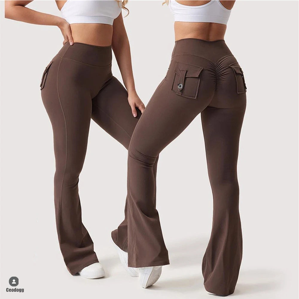 Nude Pocket Button Flare Leggings High Waist Wide Leg Yoga Pant Women Gym Fitness Sport Latin Dance Trousers Active Bottoms