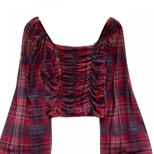 Load image into Gallery viewer, French Woman Plaid Long Sleeve Shirt Autumn Square Collar Slim Ladies Print Blouse Fashion Vintage Backless Short Pleated Tops
