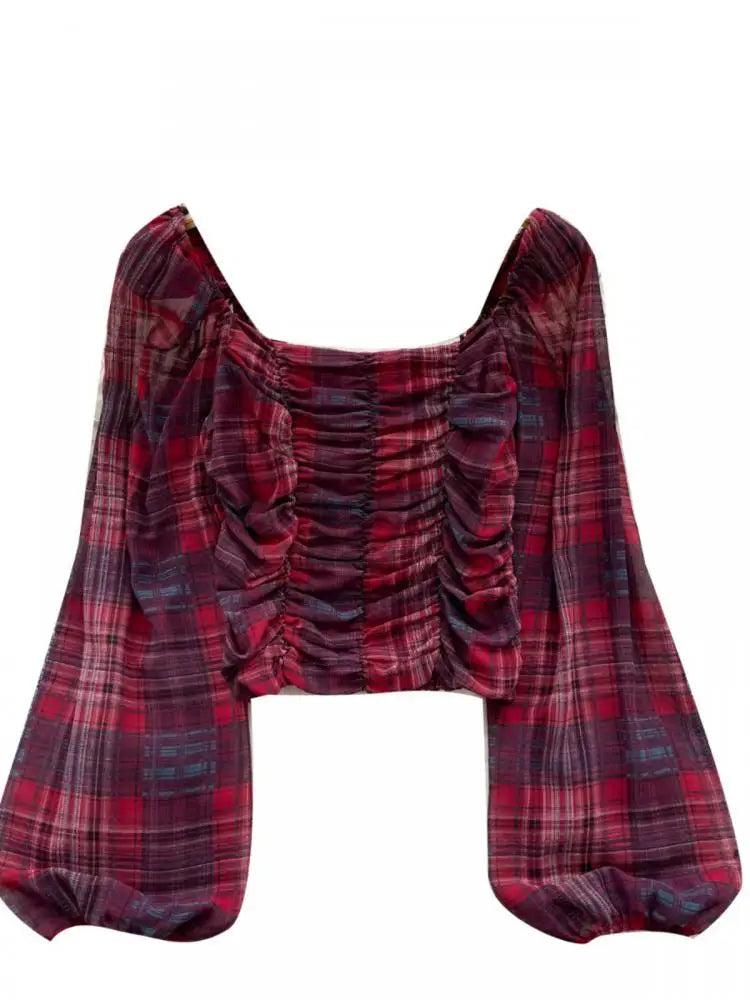 French Woman Plaid Long Sleeve Shirt Autumn Square Collar Slim Ladies Print Blouse Fashion Vintage Backless Short Pleated Tops