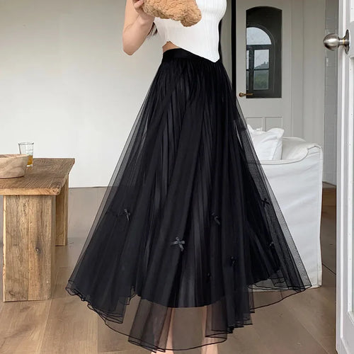 Load image into Gallery viewer, Women Solid Sweet Long Skirt 2023 New Korean Fashion Bow Elegant A Line Elastic High Waist Party Pleated Mesh Skirt Female Retro
