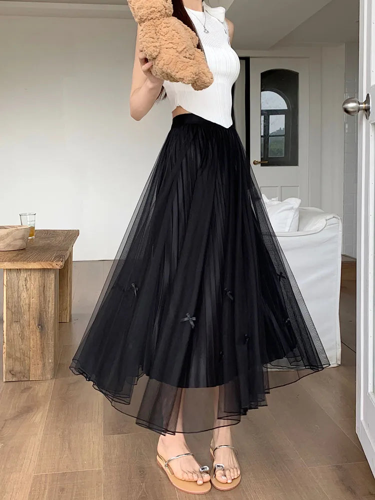 Women Solid Sweet Long Skirt 2023 New Korean Fashion Bow Elegant A Line Elastic High Waist Party Pleated Mesh Skirt Female Retro
