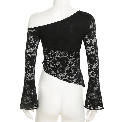 Load image into Gallery viewer, Vintage Skew Neck Lace Hook Flower Summer T-shirts Women Elegant Skinny Flare Sleeve Crop Tops Chic Asymmertical Hem
