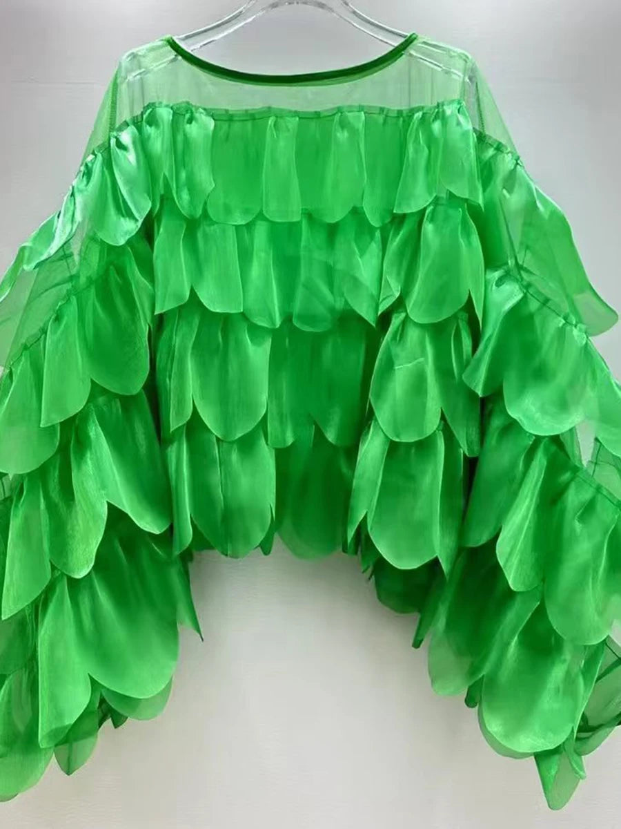 Solid Sheer Spliced Ruffles Folds Fashion Blouses for Women Round Neck Long Sleeves Elegant Blouse Female Clothing