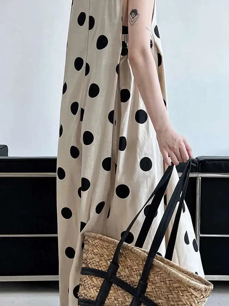 Women White Dot Printed Pleated Big Size Elegant Dress New Round Neck Sleeveless Fashion Tide Spring Summer 2025 1DJ0367