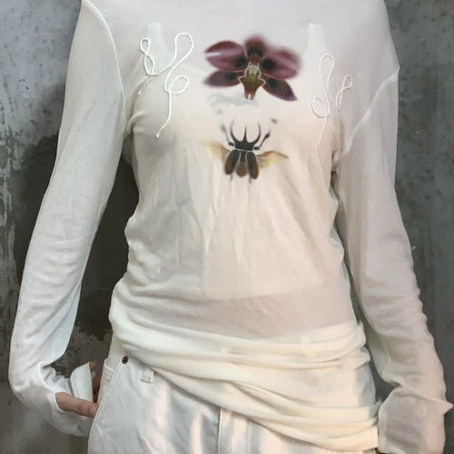 Load image into Gallery viewer, Y2k Aesthetic Flower Printing Casual Tshirts Women Harajuku Slim Fit Embroidery Tees 2025 Spring Grunge Slash Neck Simple Tops
