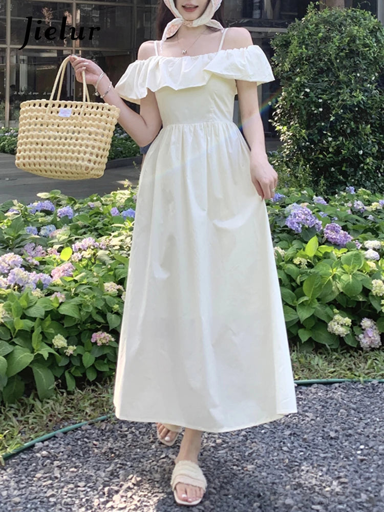 Elegant Ruffles Slash Neck Fashion Women's Dresses Slim Waist Solid Color Female Maxi Dress Summer Simple Office Ladies