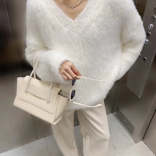 Load image into Gallery viewer, French 2024 Autumn Winter White Loose Vacation Mink Sweater Women V-neck Knitwear Office Lady Pullover Long Sleeve Tops Clothes
