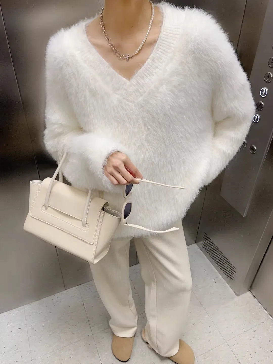 French 2024 Autumn Winter White Loose Vacation Mink Sweater Women V-neck Knitwear Office Lady Pullover Long Sleeve Tops Clothes