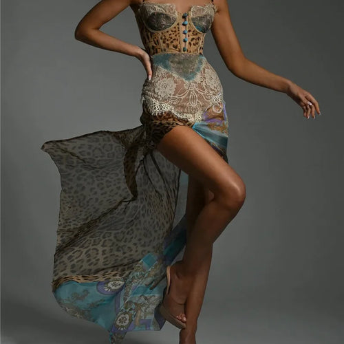 Load image into Gallery viewer, Leopard Print Lace Split Sexy Maxi Dress Women Gown Elegant Patchwork Chiffon Sleeveless Backless Beach Evening Dress
