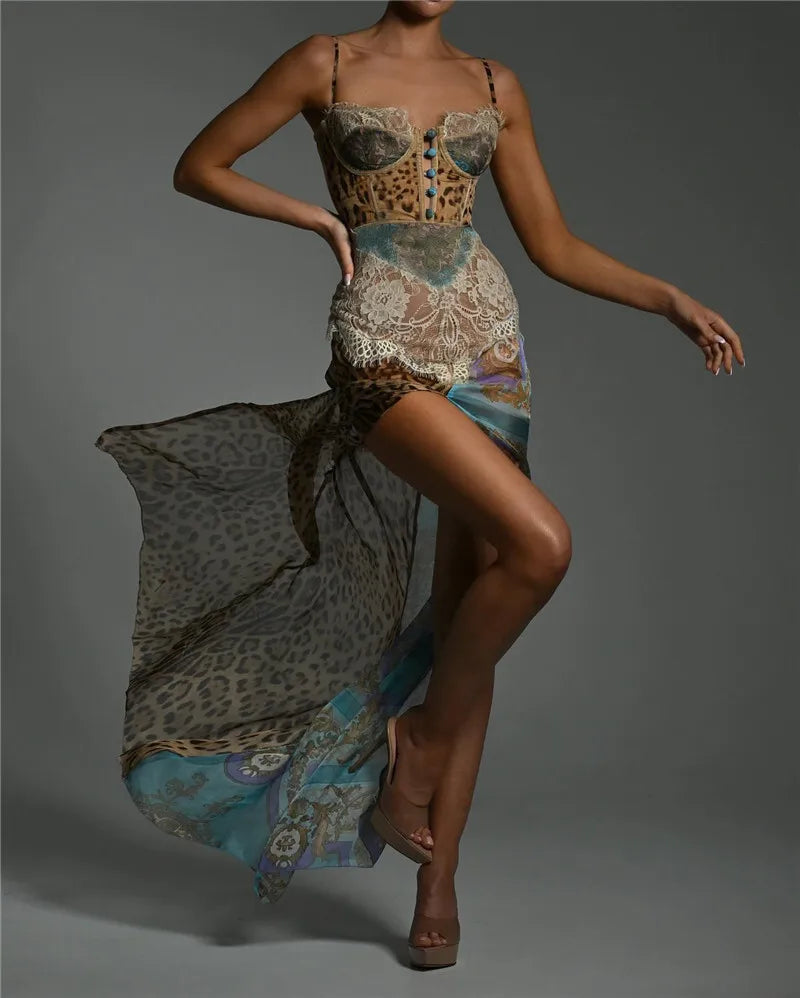 Leopard Print Lace Split Sexy Maxi Dress Women Gown Elegant Patchwork Chiffon Sleeveless Backless Beach Evening Dress