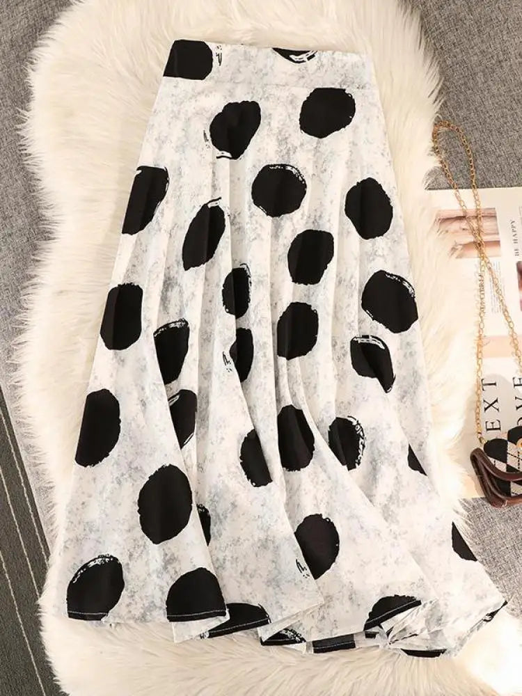 Vintage Women Casual Dot Print Pleated A-line Skirt Elegant Elastic High Waist Female Summer Festival Party Midi Skirts Boho New