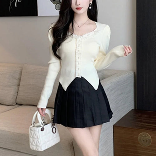 Load image into Gallery viewer, y2k Tops Women Coquette Clothing Solid Color V Neck Long Sleeve Knitted T Shirts 2000s Fairycore Clothes Streetwear
