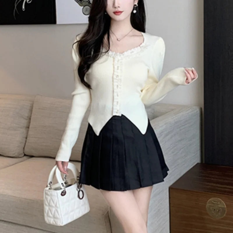 y2k Tops Women Coquette Clothing Solid Color V Neck Long Sleeve Knitted T Shirts 2000s Fairycore Clothes Streetwear